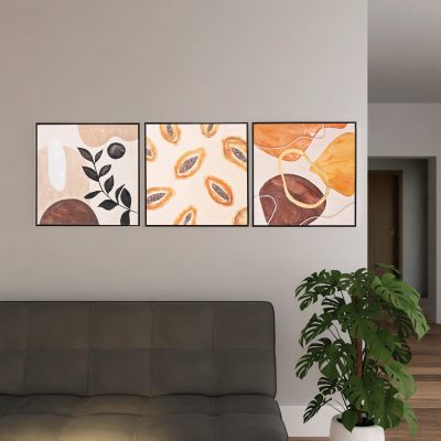 SET DE 3CUADROS IMPRESOS Y AL ÓLEO, MARCO NEGRO 60x60x3,5 CADA UNO. TOTAL 180X60 CM