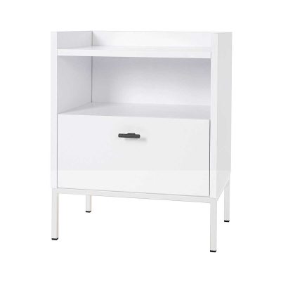 MESITA 1 CAJON + HUECO. MELAMINA 19 mm. BLANCO NIEVE. GUIA FRENO  CON EXTRACCIÓN TOTAL (PATAS METALICAS)MESITA 1 CAJON + HUECO. MELAMINA 19 mm. BLANCO NIEVE. GUIA FRENO  CON EXTRACCIÓN TOTAL (PATAS METALICAS)