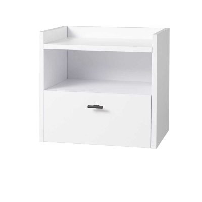 MESITA 1 CAJON + HUECO. MELAMINA 19 mm. BLANCO NIEVE. GUIA FRENO CON EXTRACCIÓN TOTAL.  (PARA COLGAR EN PARED) MESITA 1 CAJON + HUECO. MELAMINA 19 mm. BLANCO NIEVE. GUIA FRENO CON EXTRACCIÓN TOTAL.  (PARA COLGAR EN PARED)