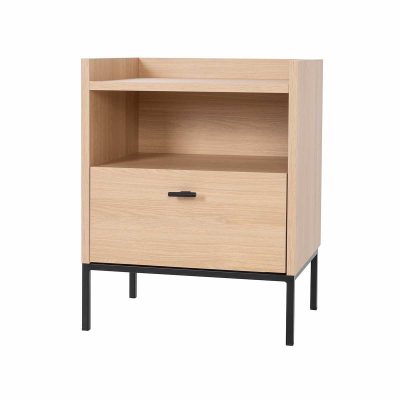 MESITA 1 CAJON + HUECO. MELAMINA 19 mm ROBLE. GUIA FRENO  CON EXTRACCIÓN TOTAL (PATAS METALICAS)
