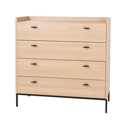 COMODA 4 CAJONES. MELAMINA 19 mm ROBLE. GUIA FRENO CON EXTRACCIÓN TOTAL.  (PATAS METALICAS)